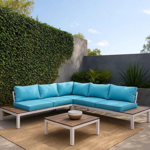L Shaped Dual Tone Patio Sectional with Box Cushioned Seat, Blue and White