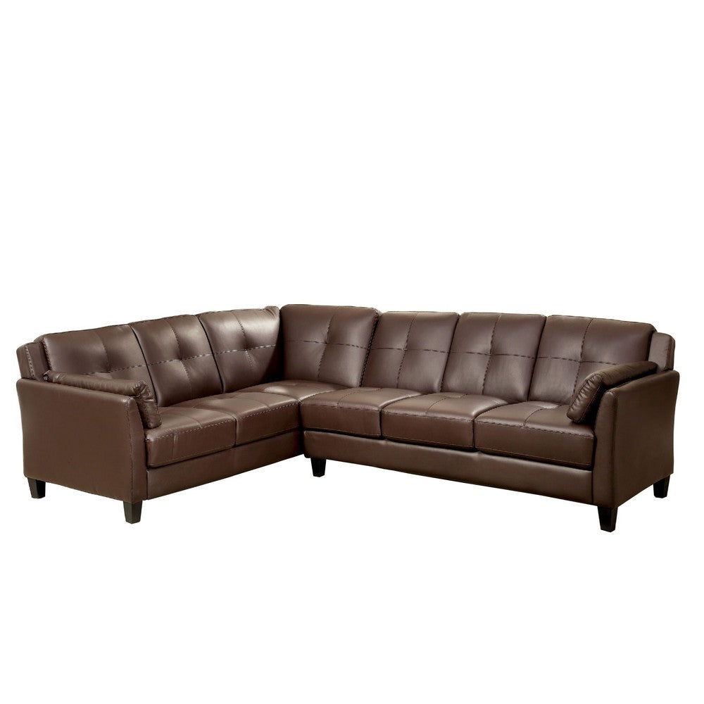 Faux Leather Upholstered Wooden Sectional Setwith Pillow Top Armrests, Brown By Casagear Home