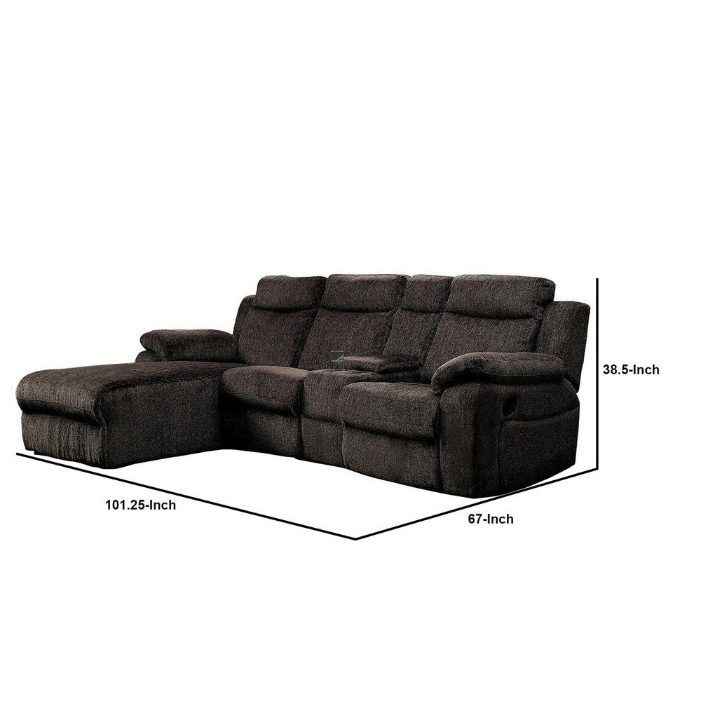 Fabric Upholstered Wooden Reclining Sectional with Cup Holders Brown By Casagear Home BM217831