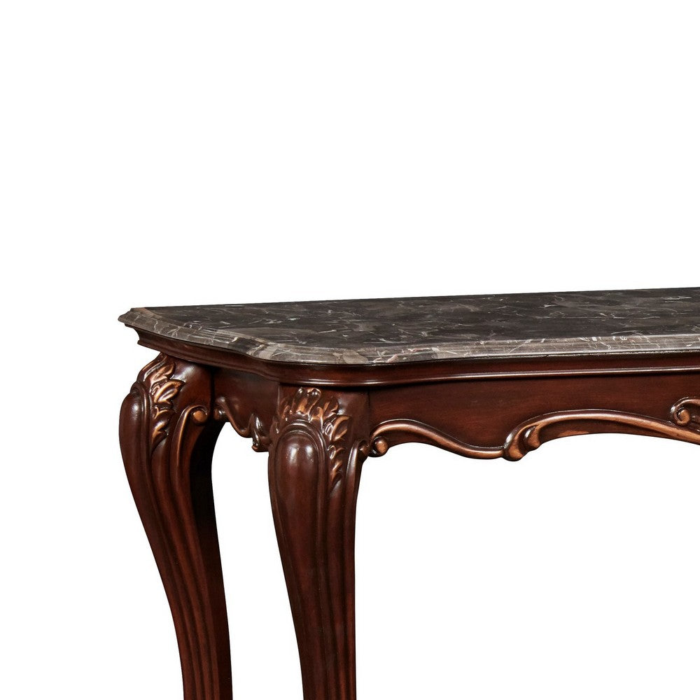 Wooden Console Table with Marble Top and Carved Details, Gray and Brown By Casagear Home