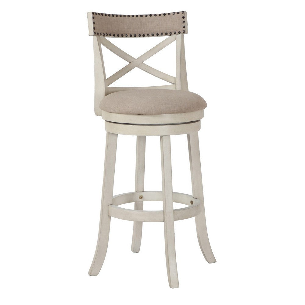 Curved X Shaped Back Swivel Barstool with Fabric Padded Seating Antique White By Casagear Home BM218132