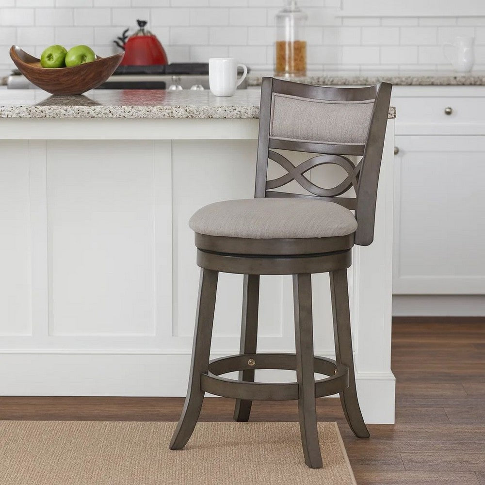 Curved Lattice Back Swivel Counter Stool | Fabric Seat | Antique Gray
