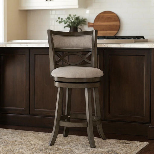 Curved Lattice Back Swivel Counter Stool | Fabric Seat | Antique Gray