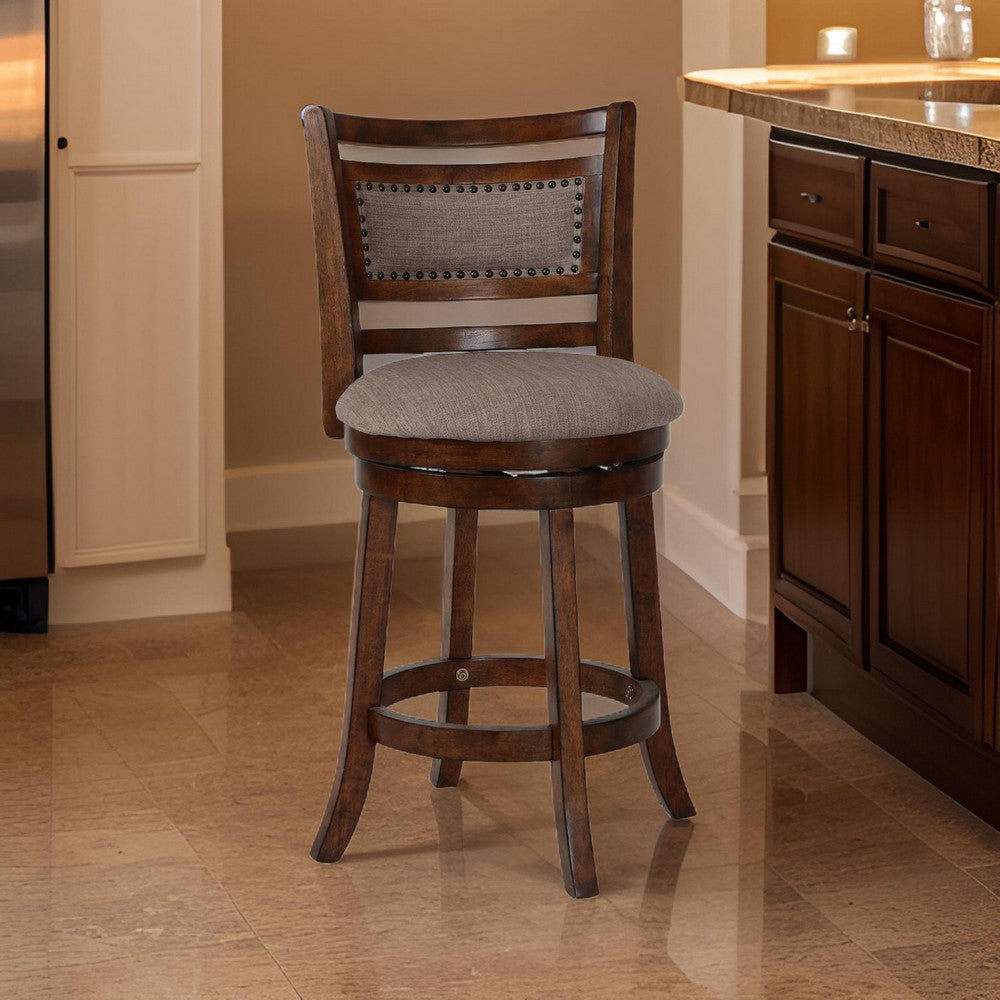 Curved Swivel Counter Stool with Fabric Padded Seating, Brown and Beige By Casagear Home