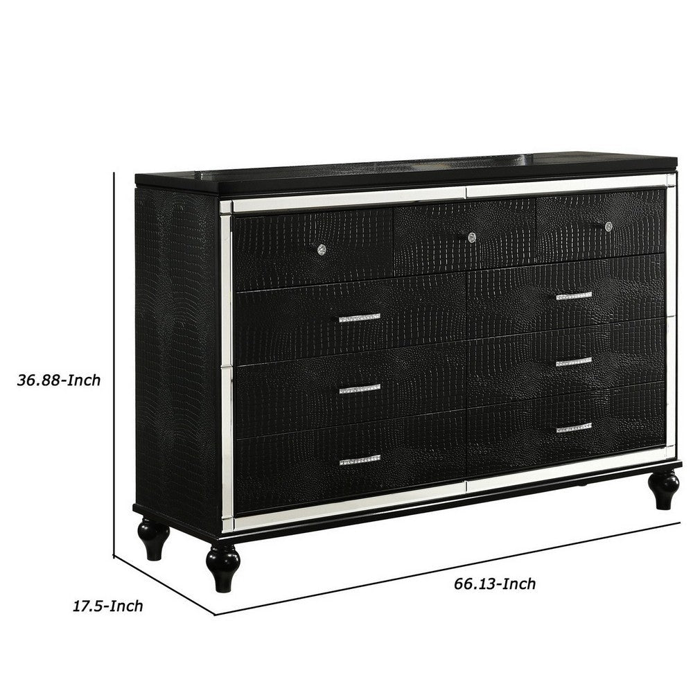 9 Drawer Wooden Dresser with Embossed Texture and Mirror Accents Black By Casagear Home BM218219