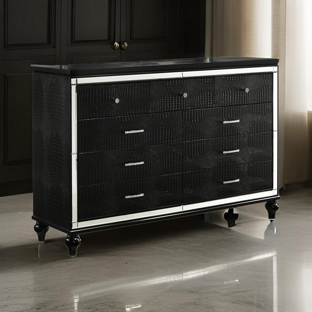 9 Drawer Wooden Dresser with Embossed Texture and Mirror Accents, Black By Casagear Home