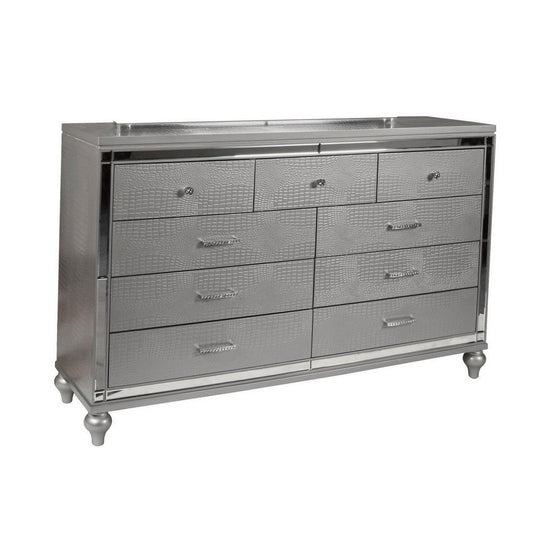 9 Drawer Wooden Dresser with Embossed Texture and Mirror Accents, Silver By Casagear Home