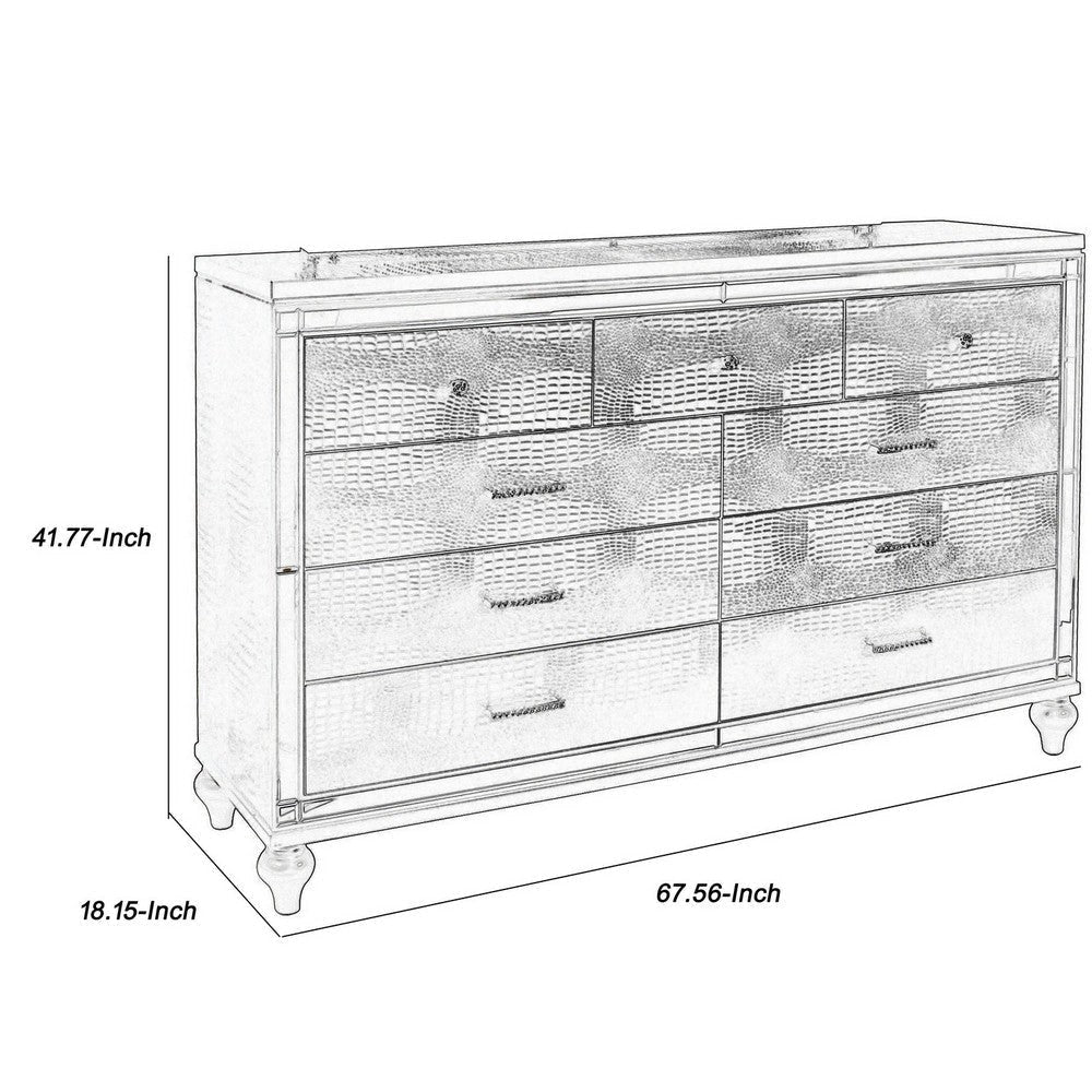 9 Drawer Wooden Dresser with Embossed Texture and Mirror Accents Silver By Casagear Home BM218220