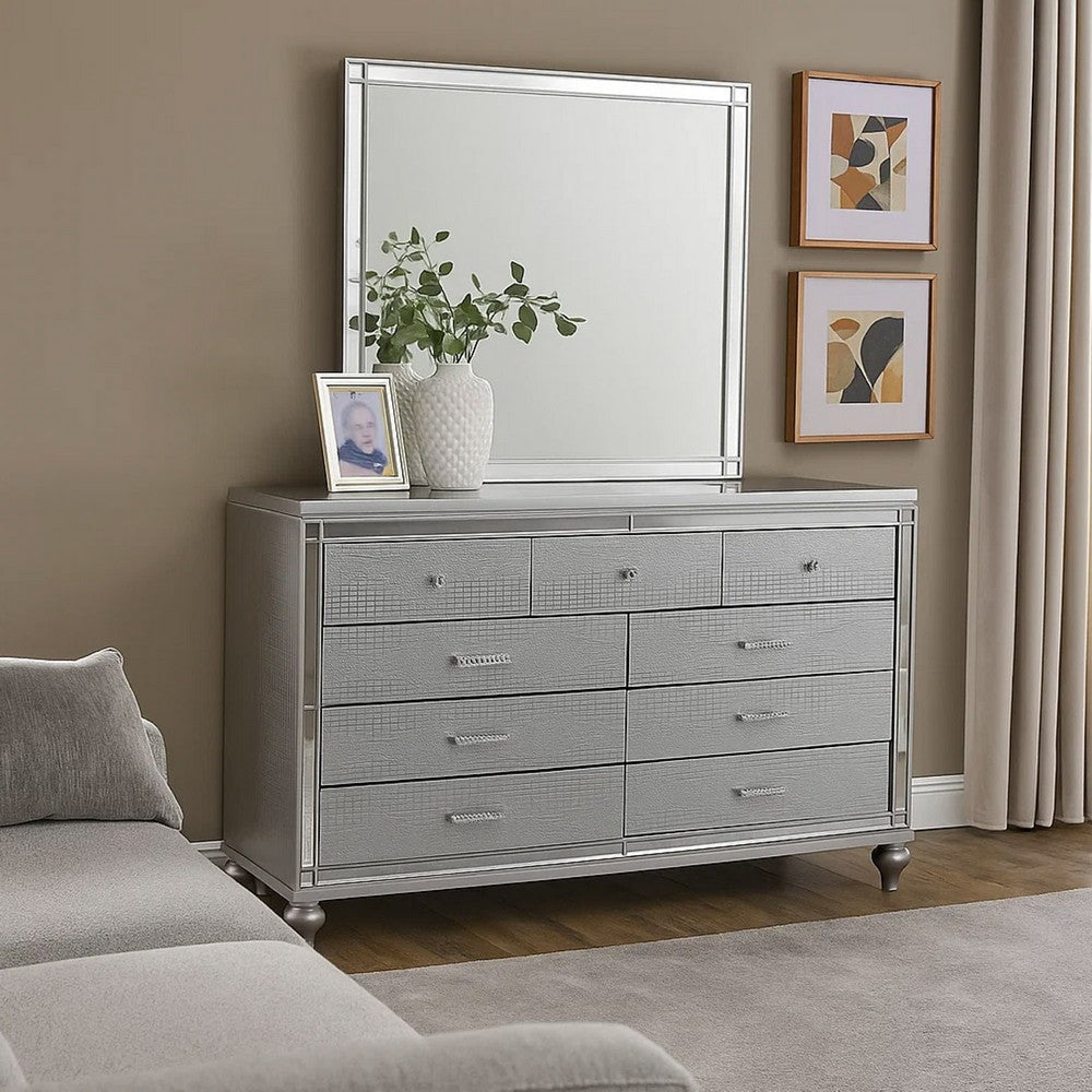 Wood Dresser | 9 Drawer | Embossed Texture | Mirror Accents | Silver