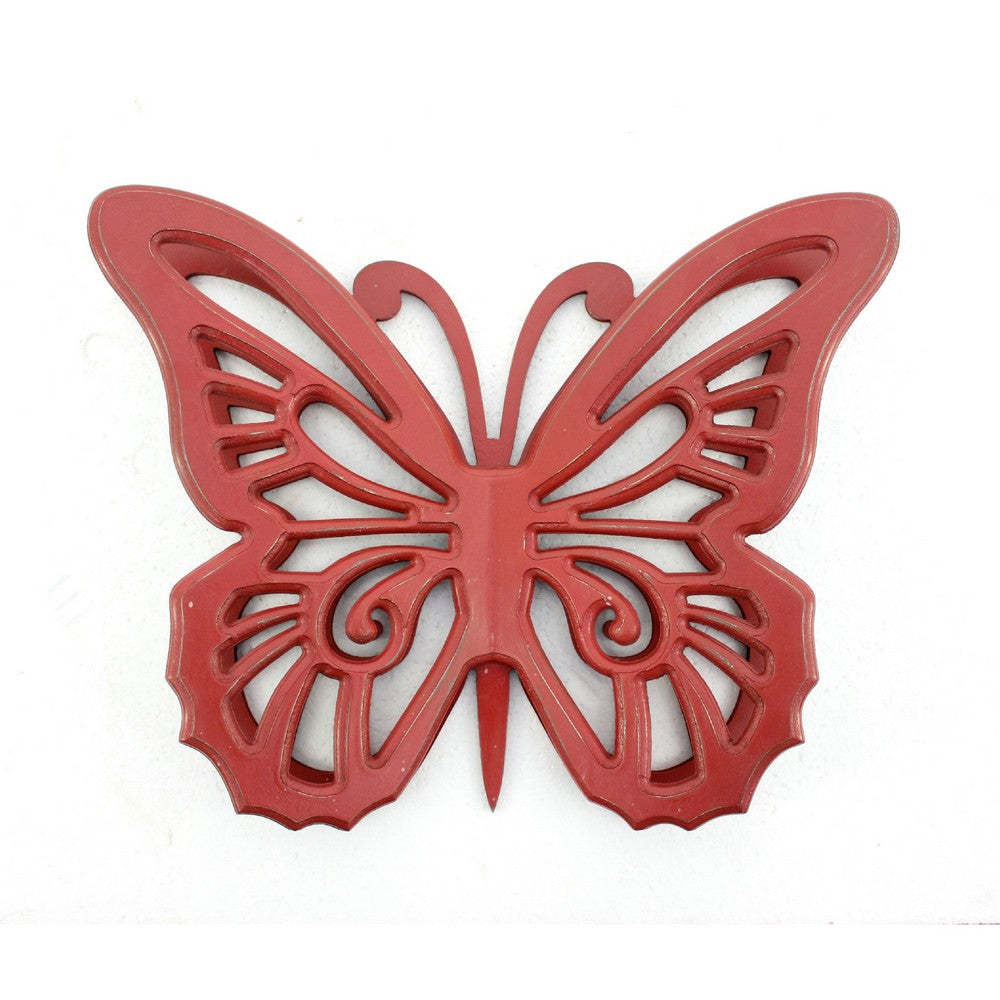 Wooden Butterfly Wall Plaque with Cutout Detail, Red