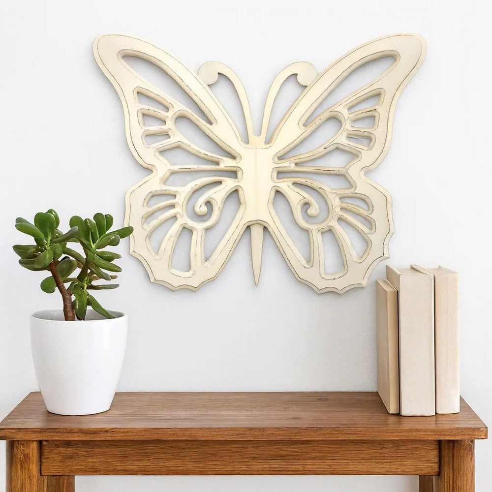 Wooden Butterfly Wall Plaque with Cutout Detail, White