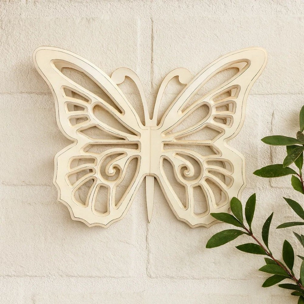 Wooden Butterfly Wall Plaque with Cutout Detail, White