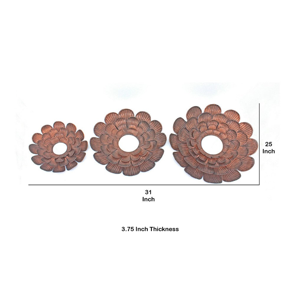Blooming Metal Flower Wall Decor Mirror, Set of 3, Copper