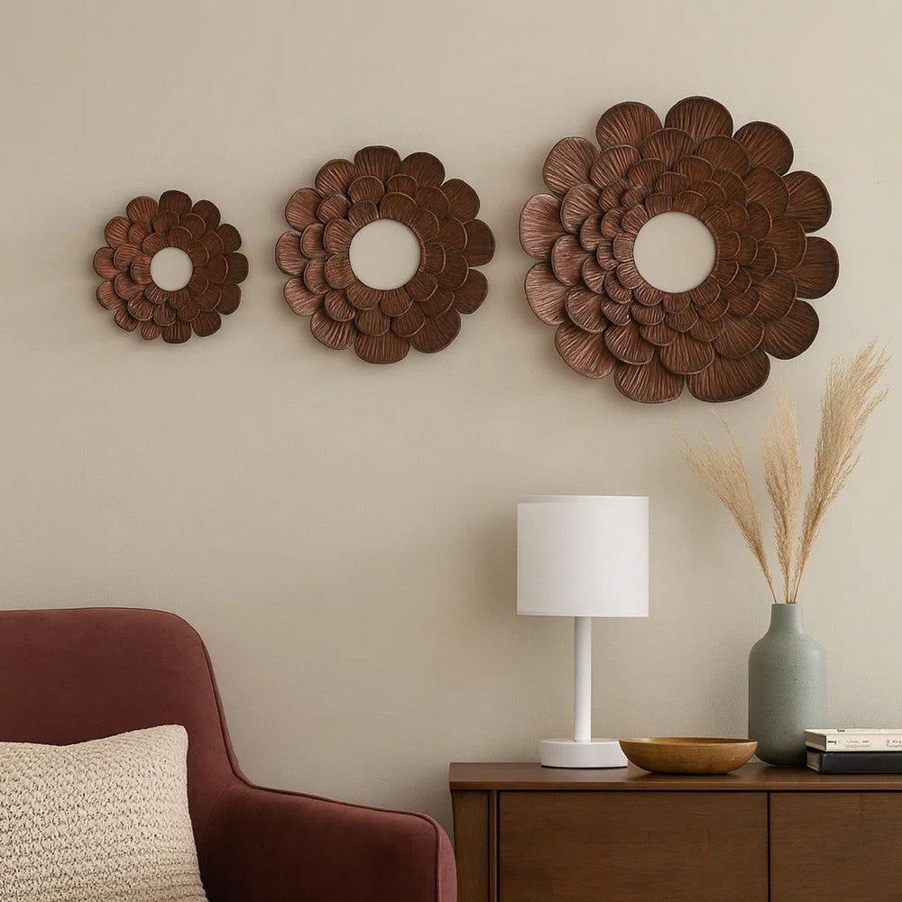 Blooming Metal Flower Wall Decor Mirror, Set of 3, Copper