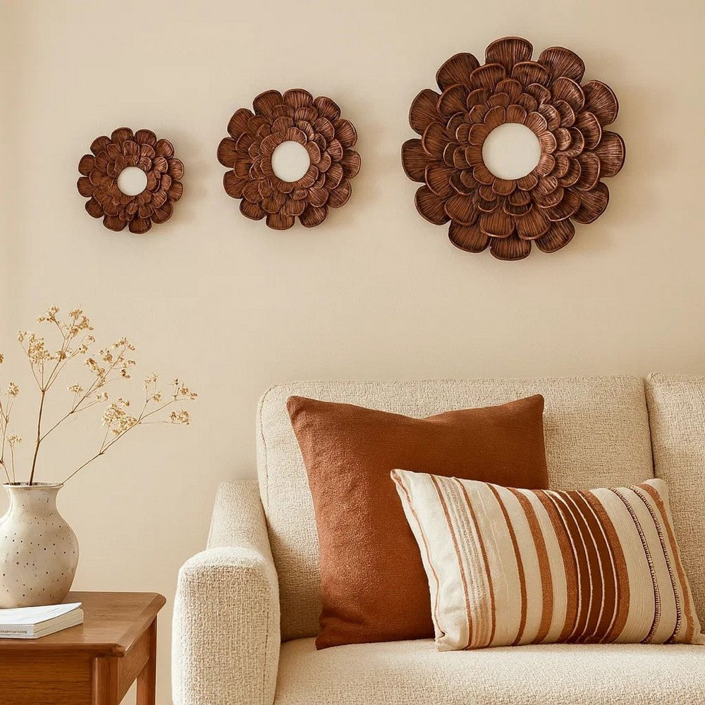 Blooming Metal Flower Wall Decor Mirror, Set of 3, Copper
