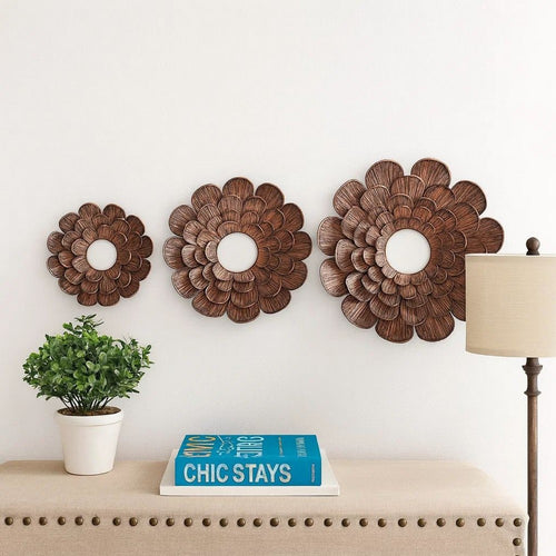 Blooming Metal Flower Wall Decor Mirror, Set of 3, Copper