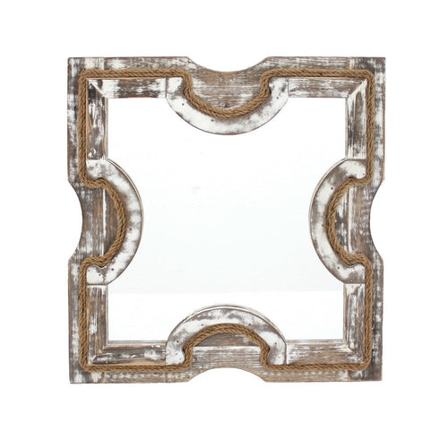 Square Wooden Wall Mirror with Rope Borders, Gray