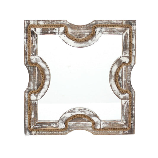 Square Wooden Wall Mirror with Rope Borders, Gray