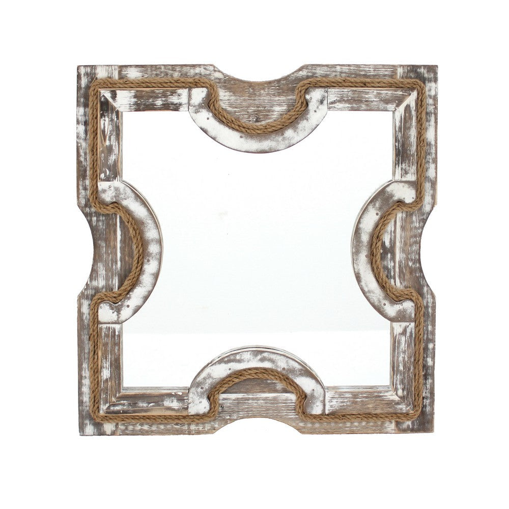 Square Wooden Wall Mirror with Rope Borders, Gray