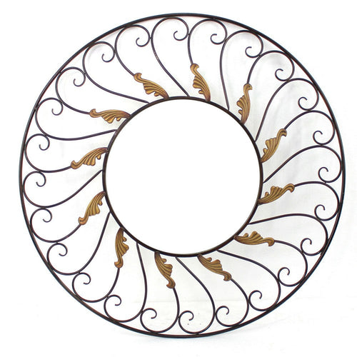 Round Metal Wall Mirror with Scroll Details, Bronze and Gold