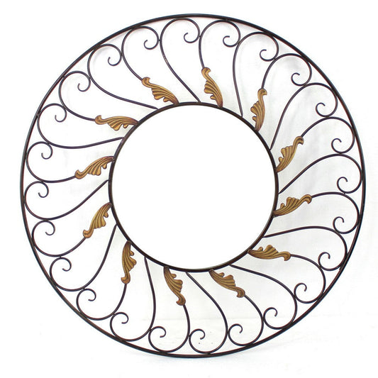 Round Metal Wall Mirror with Scroll Details, Bronze and Gold