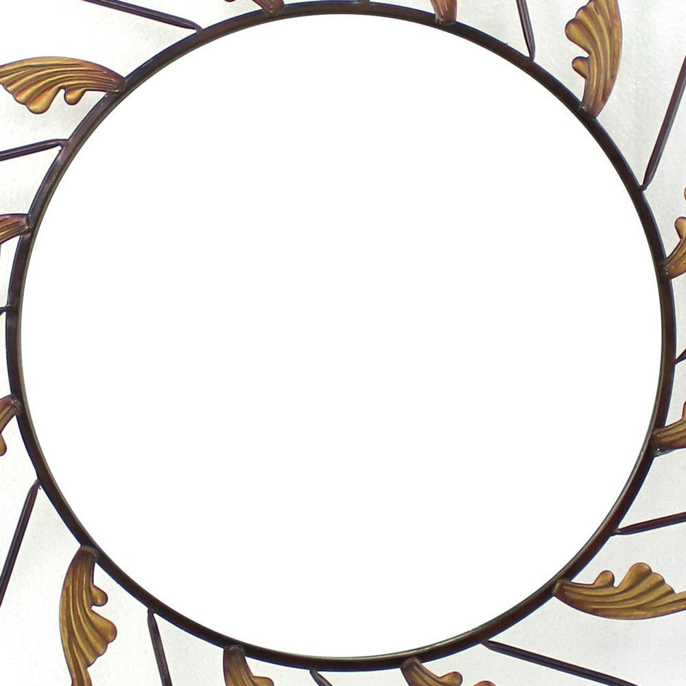 Round Metal Wall Mirror with Scroll Details Bronze and Gold BM218356