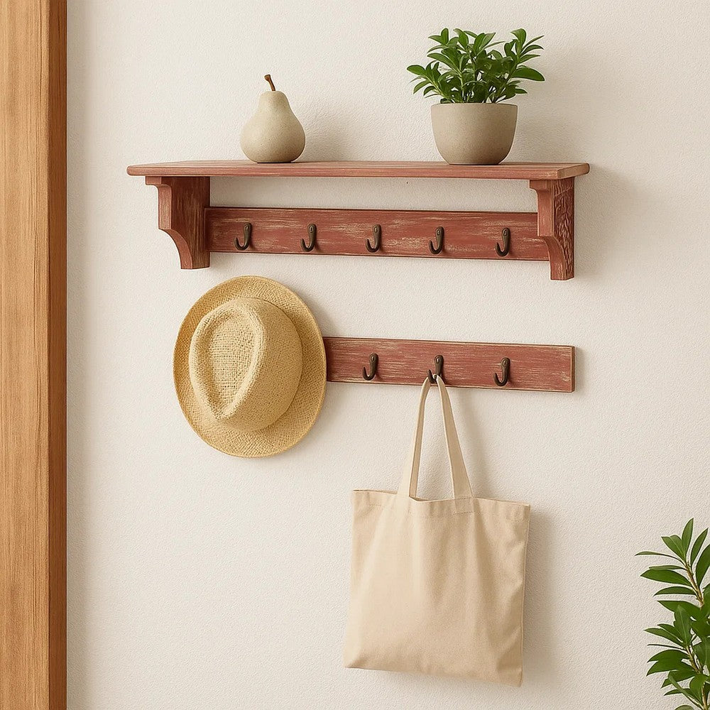 Wood Wall Shelf | 4 Hooks | Carved Side Frames | Distressed Red