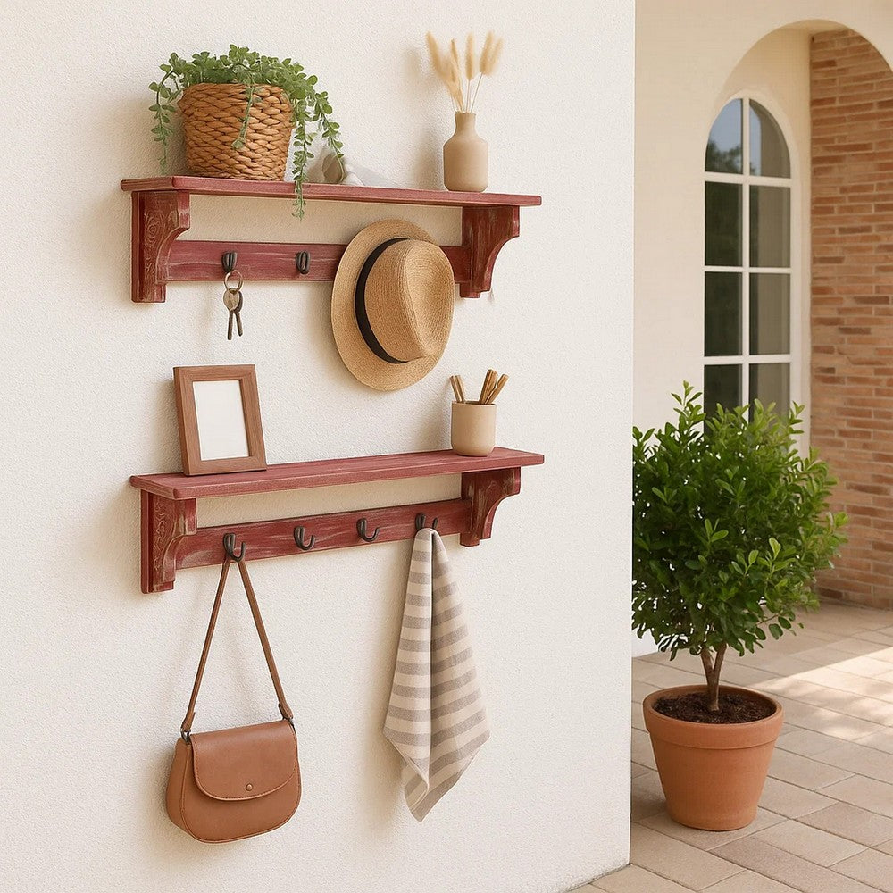 Wood Wall Shelf | 4 Hooks | Carved Side Frames | Distressed Red