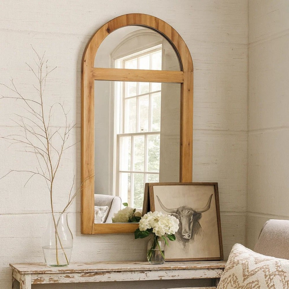 Farmhouse Style Rectangular Wooden Wall Mirror with Arched Top, Brown