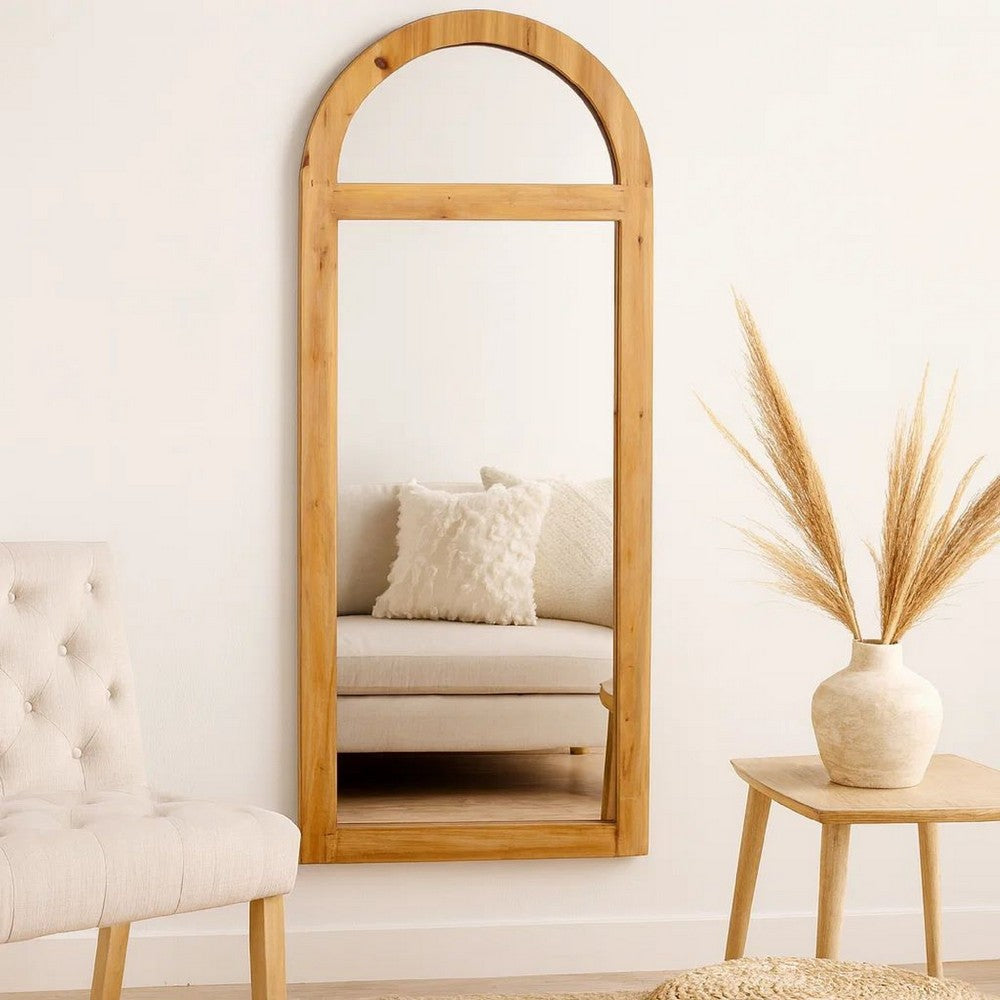 Farmhouse Style Rectangular Wooden Wall Mirror with Arched Top, Brown