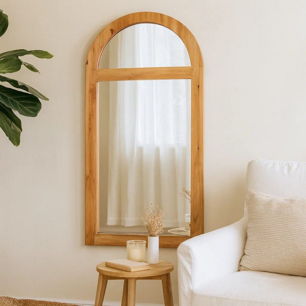 Farmhouse Style Rectangular Wooden Wall Mirror with Arched Top, Brown