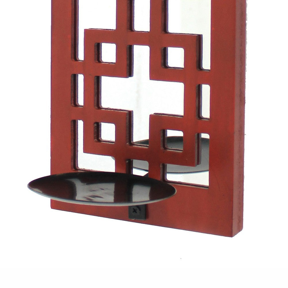 Lattice Design Wooden Frame Candle Holder with Mirror Insert Red BM218401