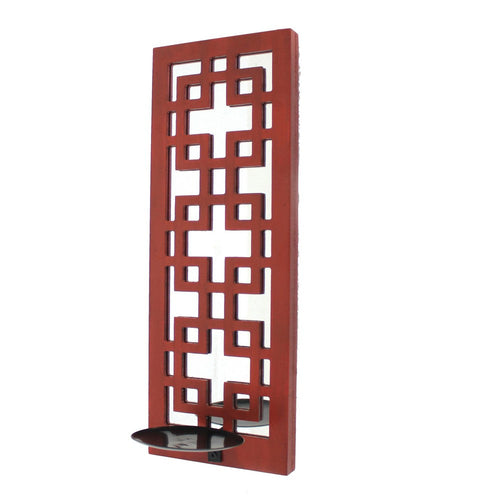 Lattice Design Wooden Frame Candle Holder with Mirror Insert, Red
