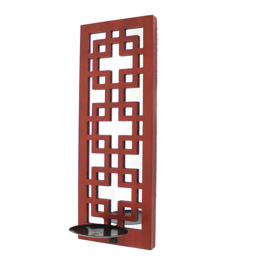 Lattice Design Wooden Frame Candle Holder with Mirror Insert, Red