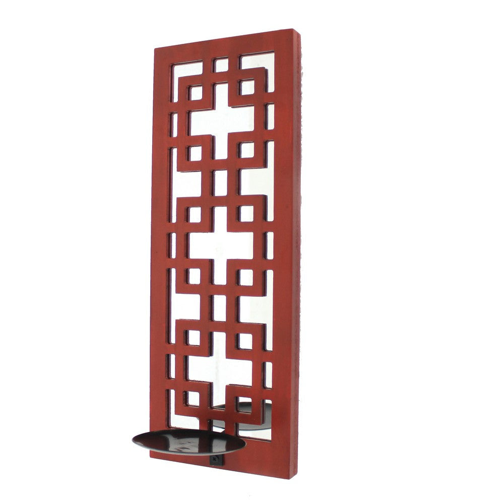 Lattice Design Wooden Frame Candle Holder with Mirror Insert, Red