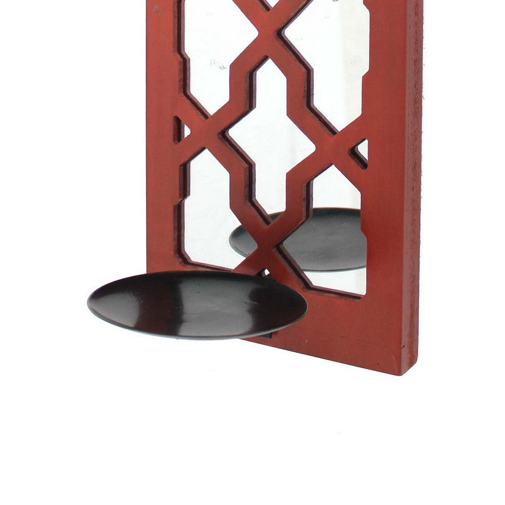 Quatrefoil Pattern Wooden Candle holder with Mirror Insert Red BM218404