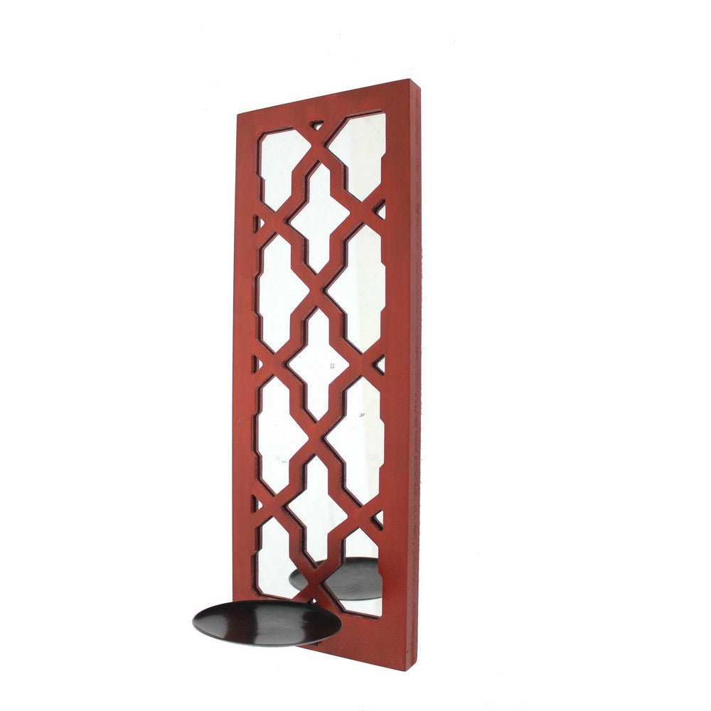 Quatrefoil Pattern Wooden Candle holder with Mirror Insert, Red