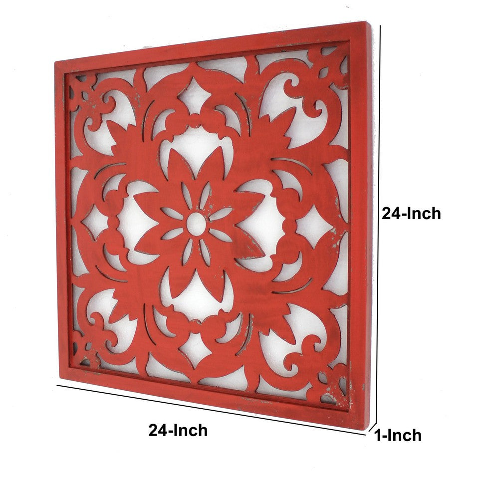 Square Wooden Floral Wall Plaque, Red