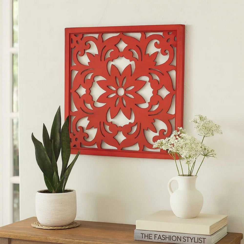 Square Wooden Floral Wall Plaque, Red