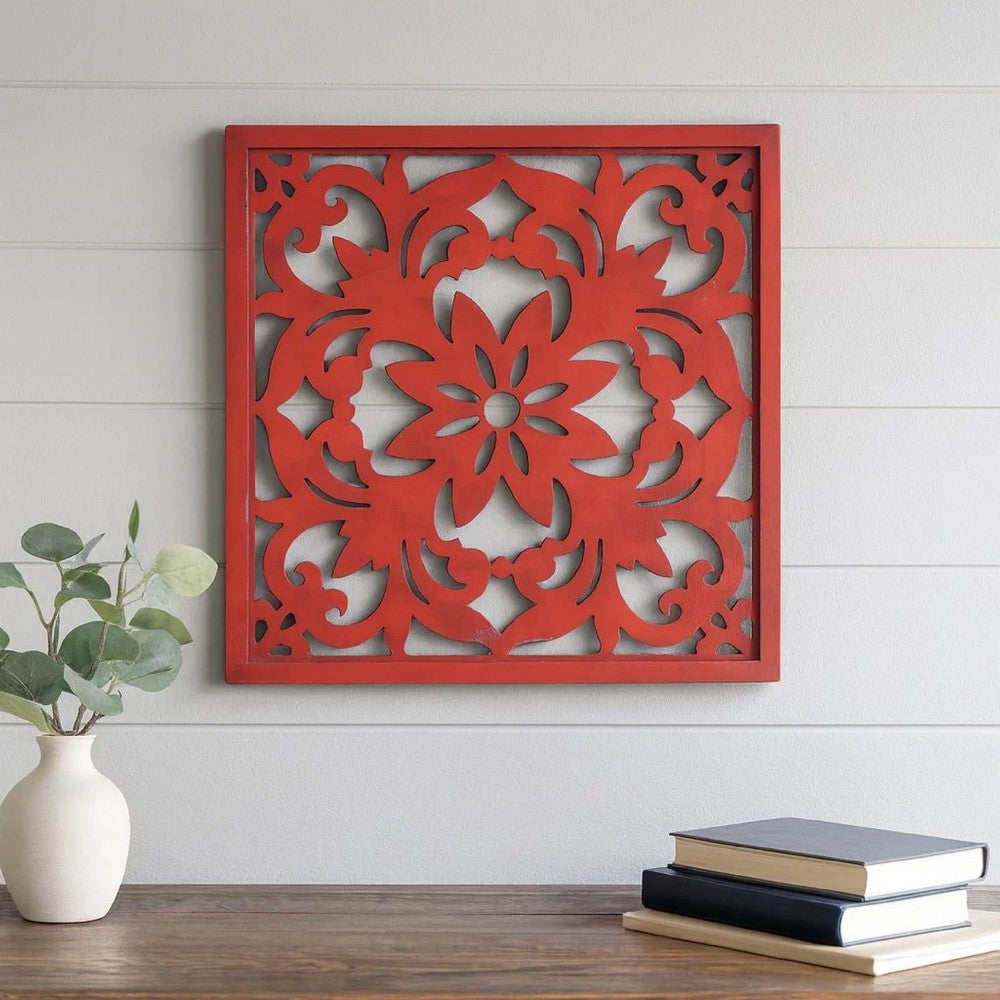 Square Wooden Floral Wall Plaque, Red