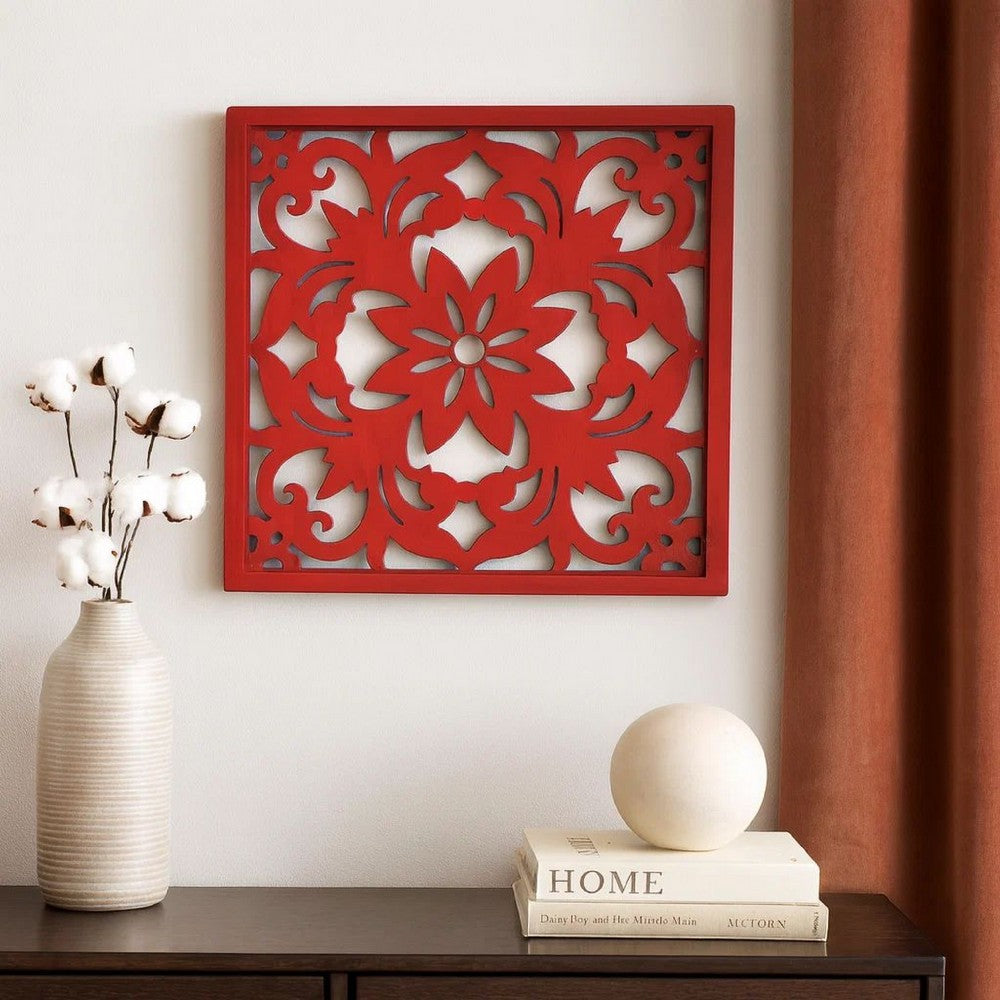 Square Wooden Floral Wall Plaque, Red