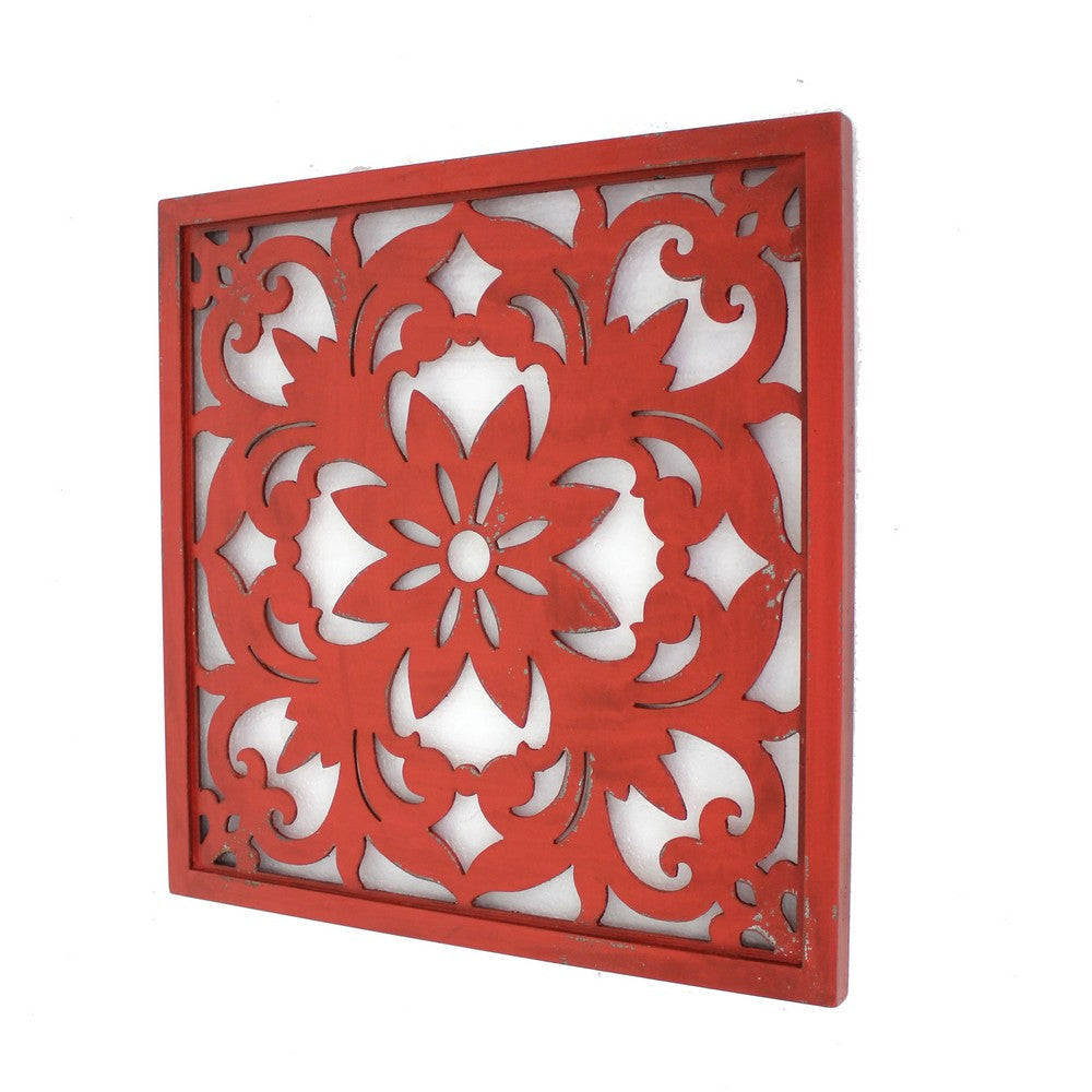 Square Wooden Floral Wall Plaque Red BM218410