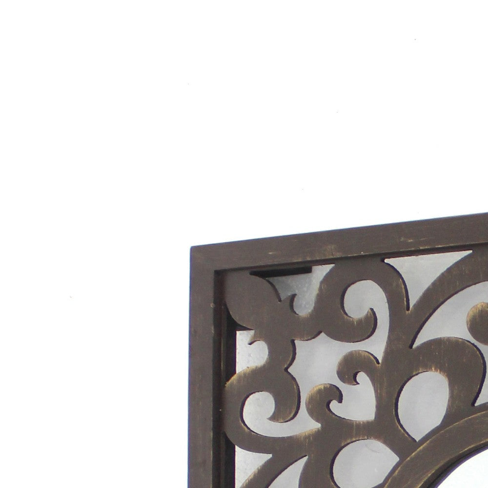 Wooden Frame Square Wall Mirror with Floral cut Out Design Espresso BM218411
