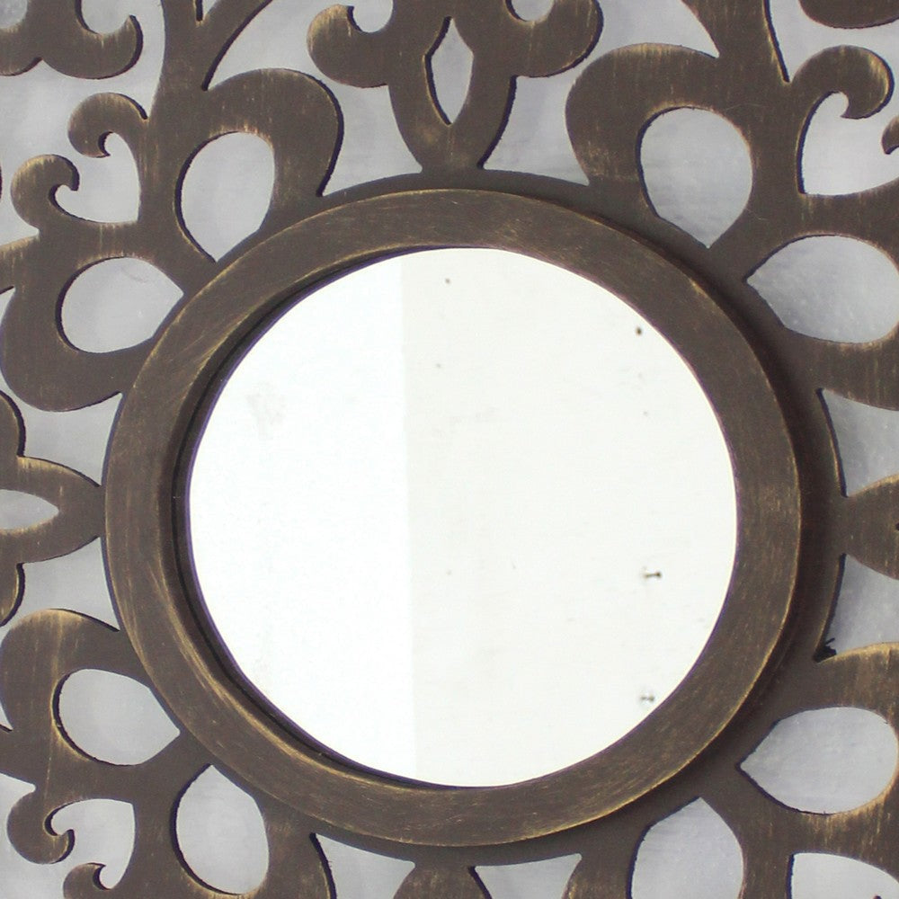 Wooden Frame Square Wall Mirror with Floral cut Out Design Espresso BM218411