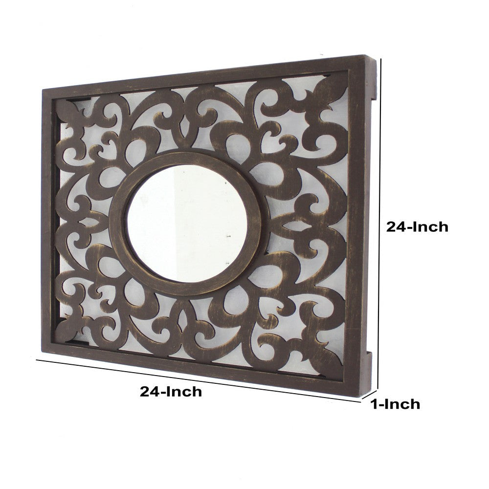 Wooden Frame Square Wall Mirror with Floral cut Out Design Espresso BM218411
