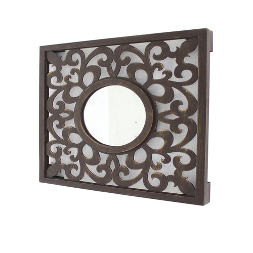 Wooden Frame Square Wall Mirror with Floral cut Out Design, Espresso