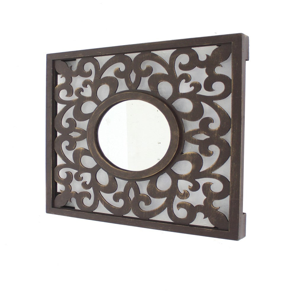 Wooden Frame Square Wall Mirror with Floral cut Out Design, Espresso