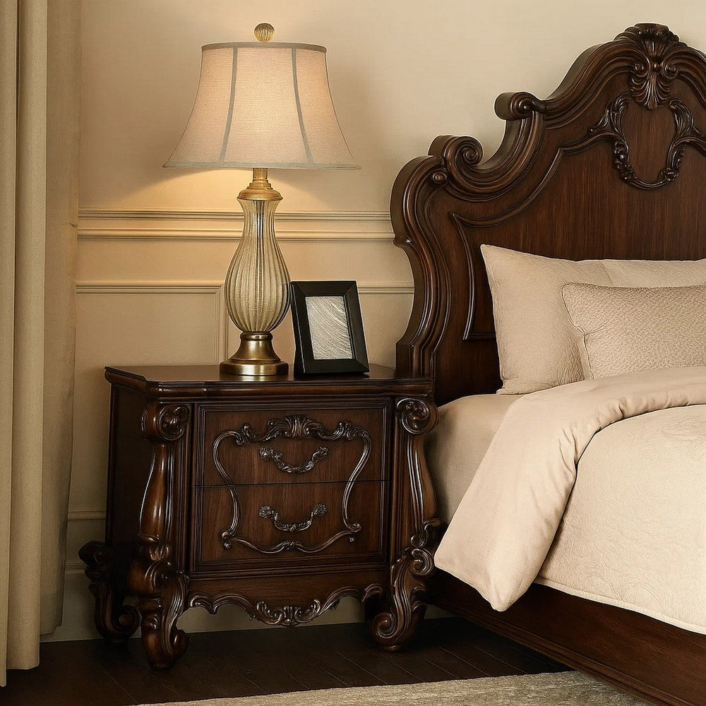 Traditional Wooden Nightstand with Antique Handles and Scrolled Legs, Brown