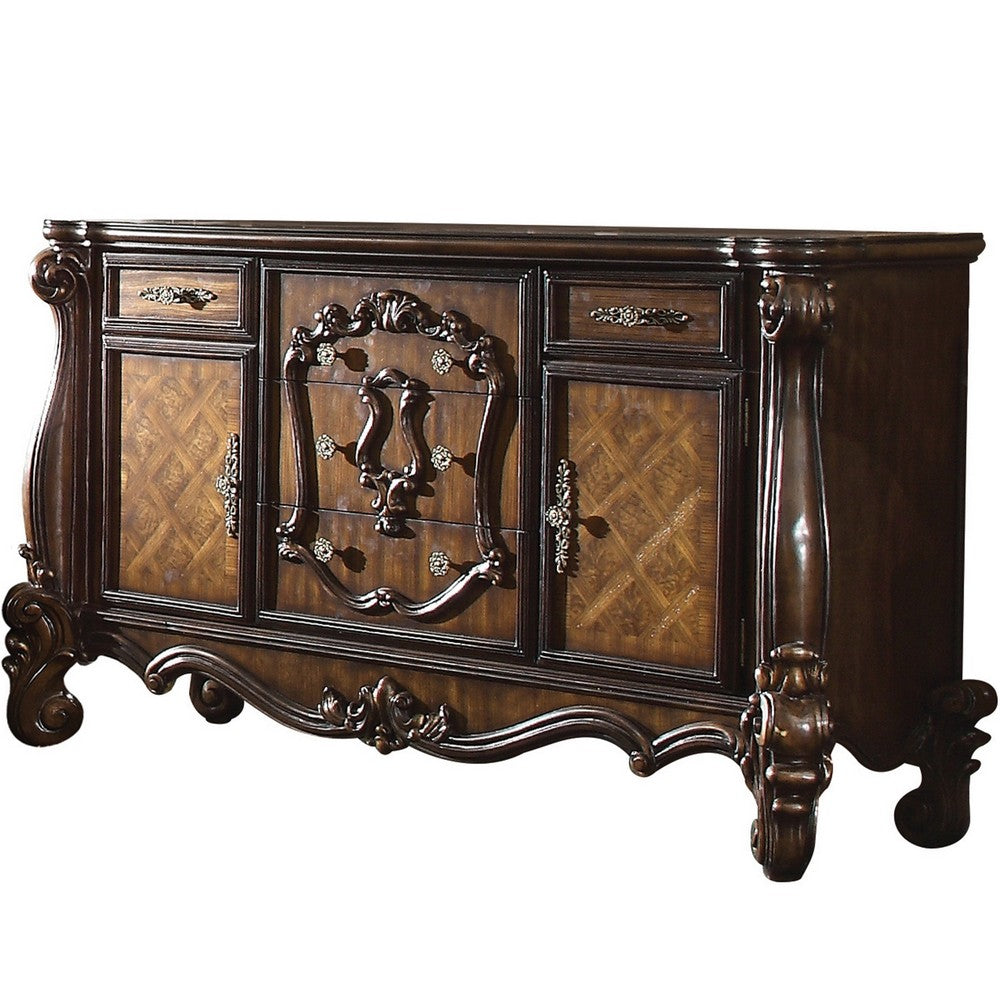 Traditional Wooden Dresser with 5 Drawers and 2 Cabinets, Brown