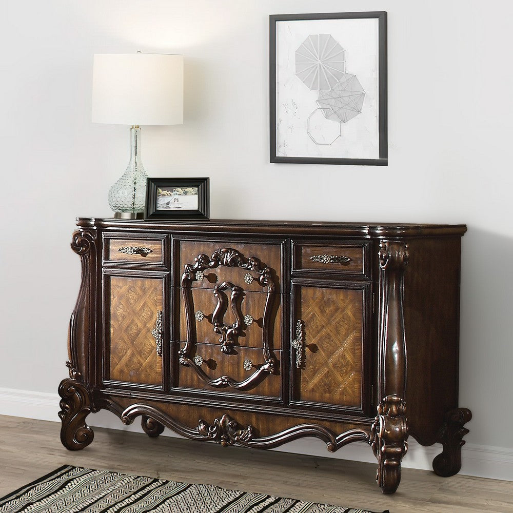 Traditional Wooden Dresser with 5 Drawers and 2 Cabinets, Brown